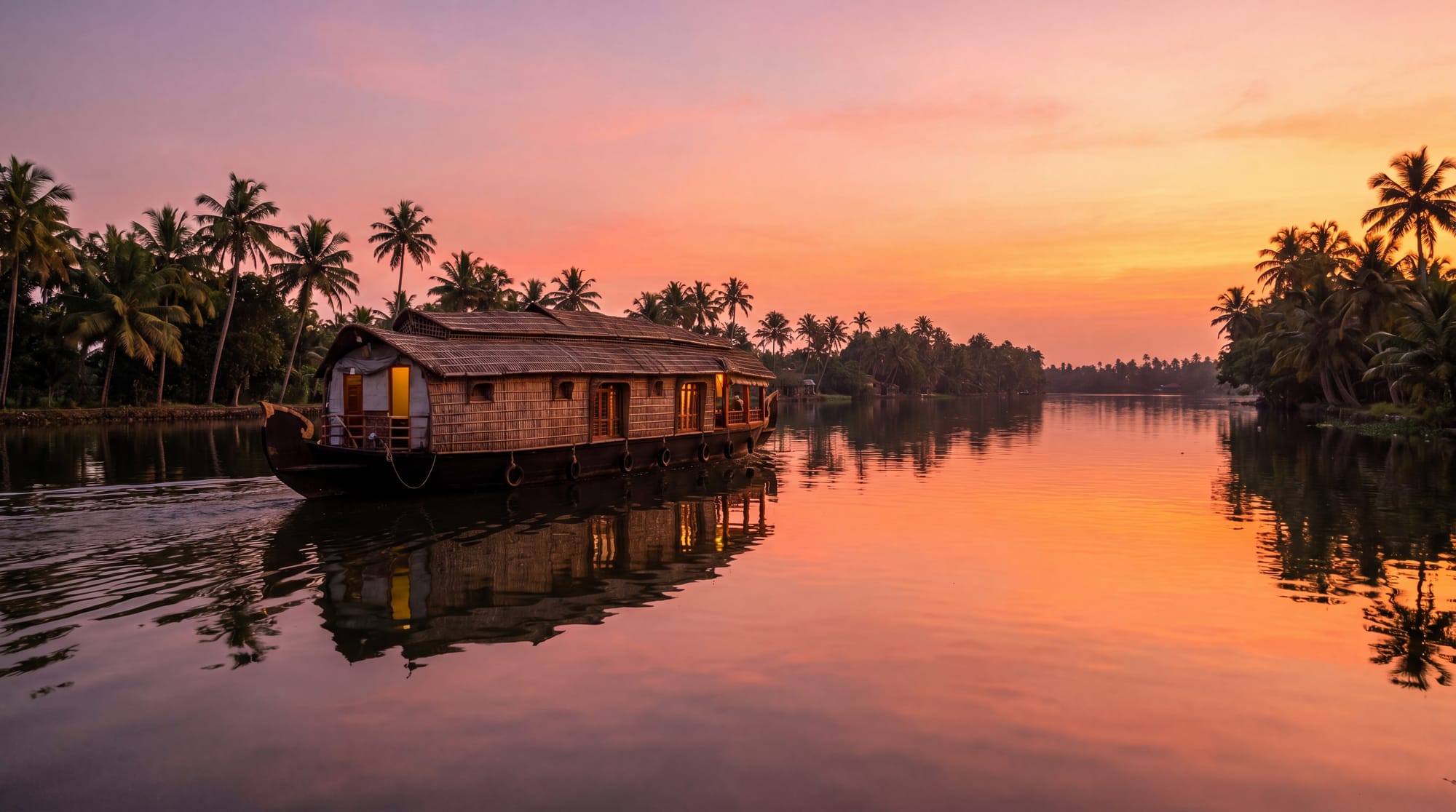 Traditional houseboat drifting on the Alleppey backwaters at sunset