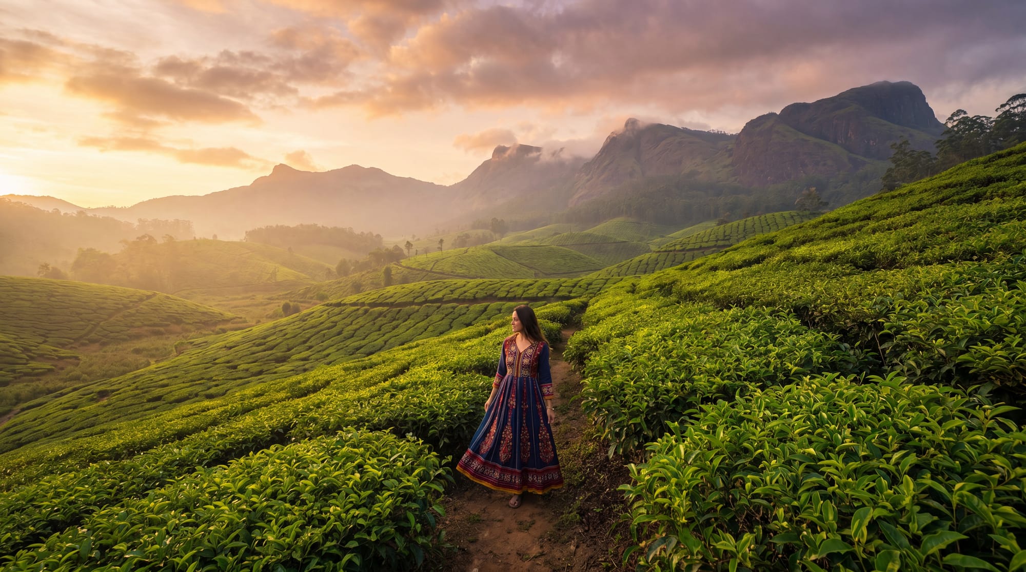 A traveller wandering through endless tea plantations in Munnar, Kerala