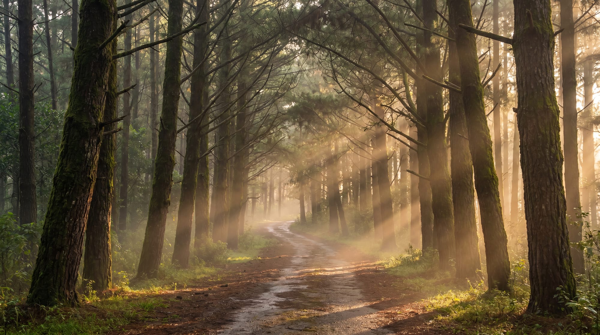 Sun rays breaking through the misty pine forest of Vagamon, Kerala