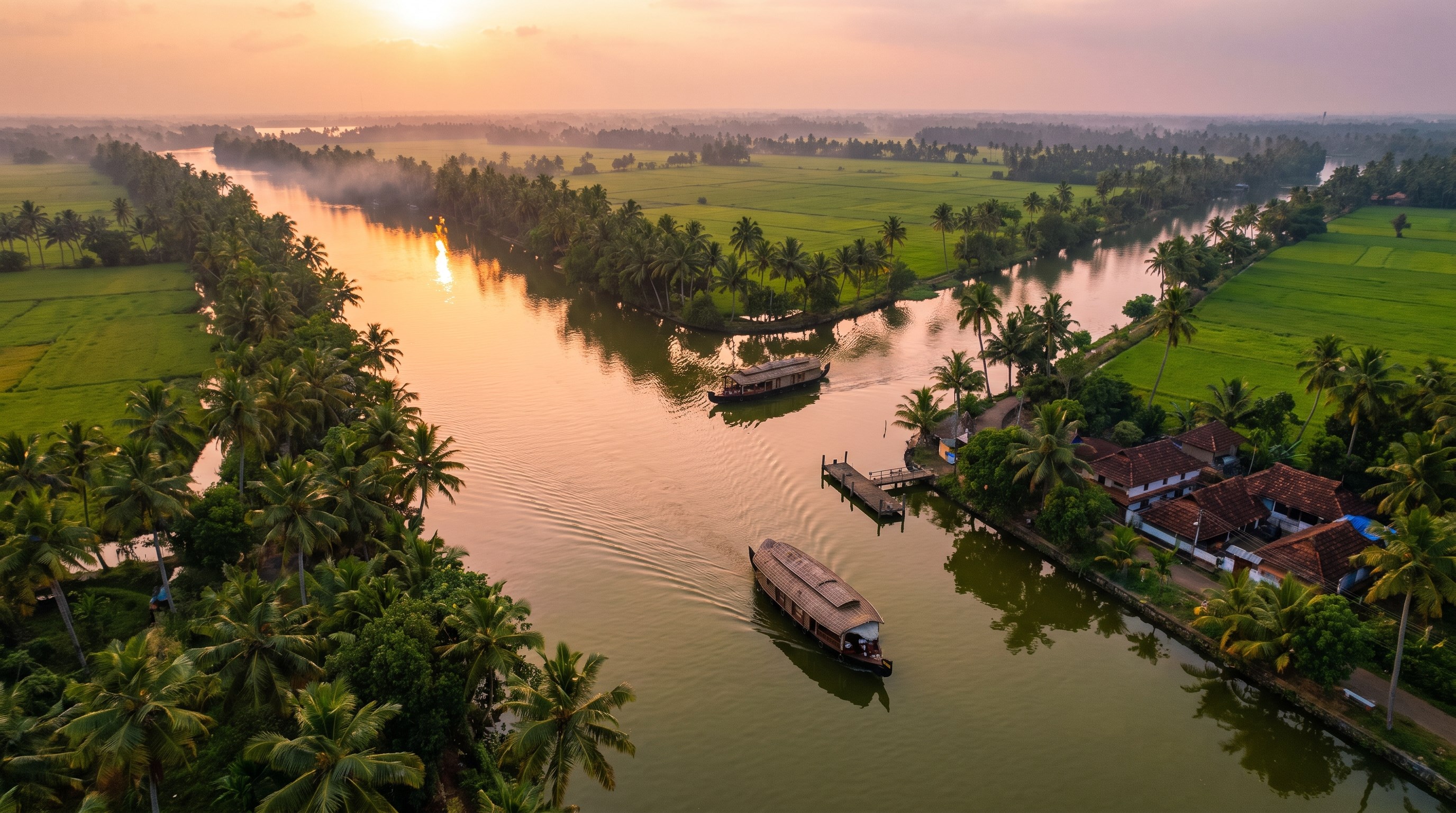 Aerial view of the Kerala backwaters at sunset with houseboats