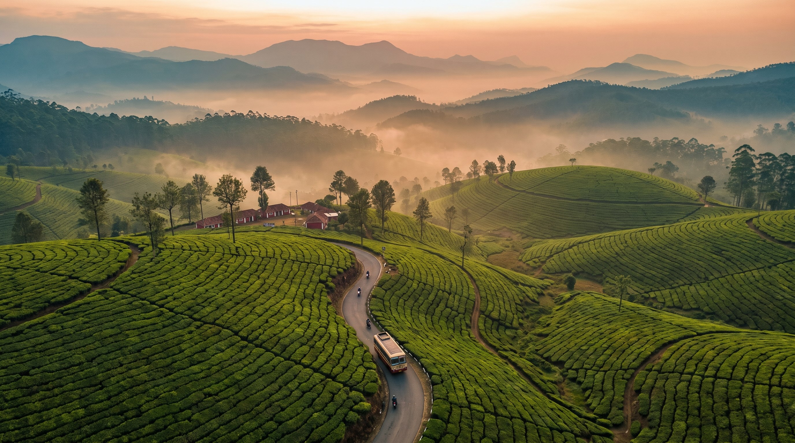 A winding road through the misty Munnar tea hills at sunrise — plan your Kerala trip