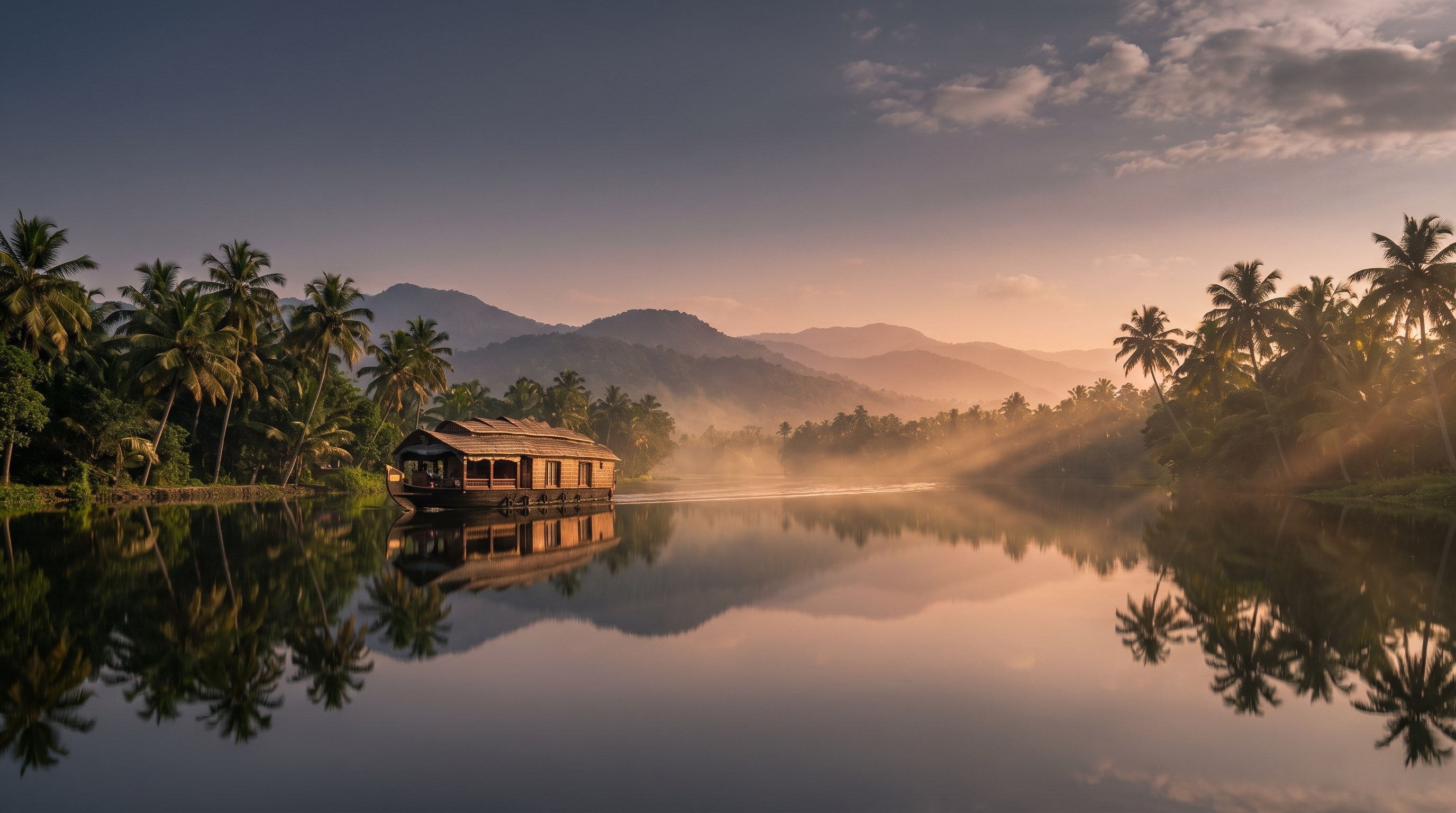 A Kerala houseboat on misty backwaters at sunrise — tailor-made tour packages