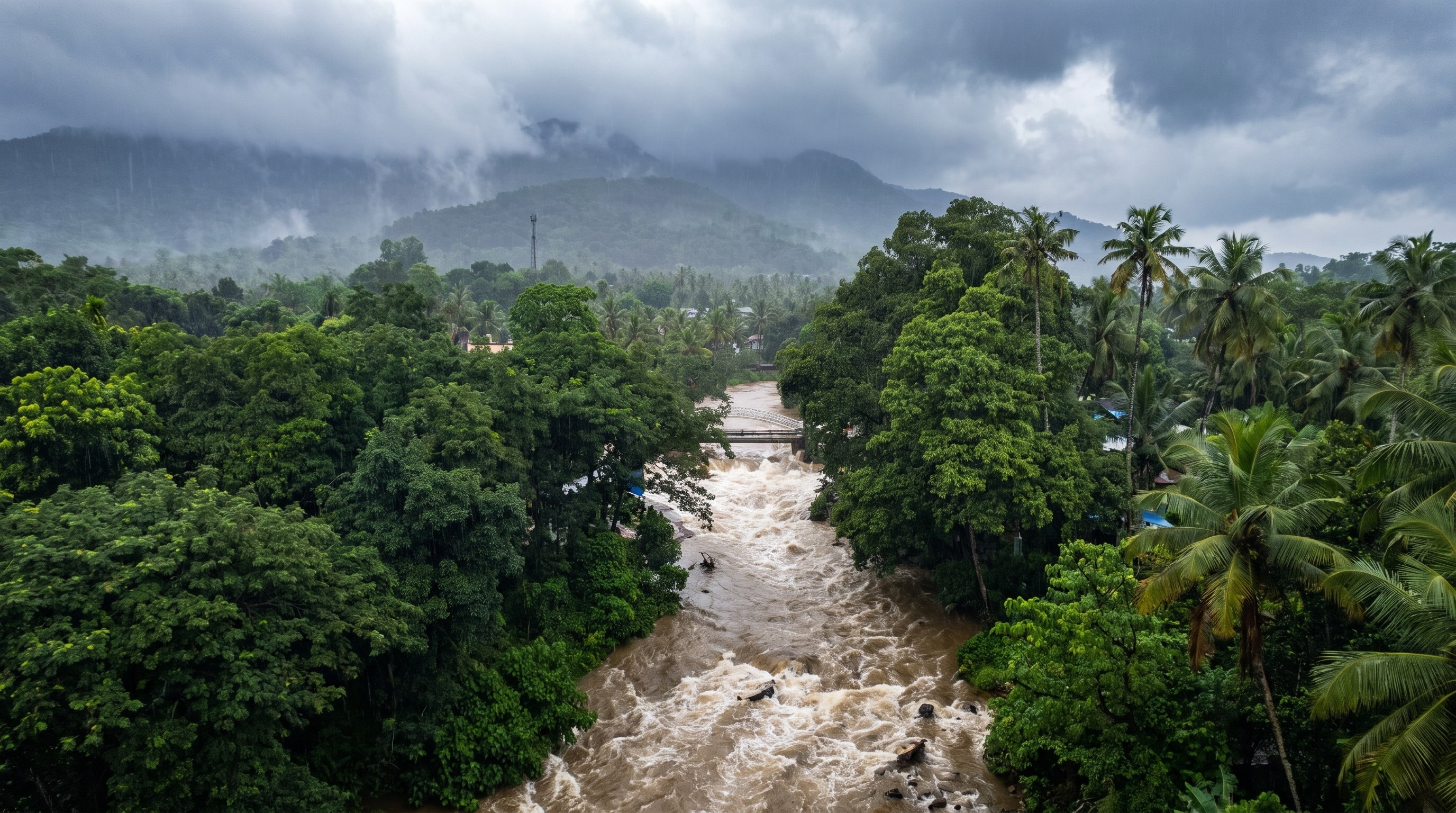 A monsoon river rushing through the green riverside hills of Yendayar, Kerala