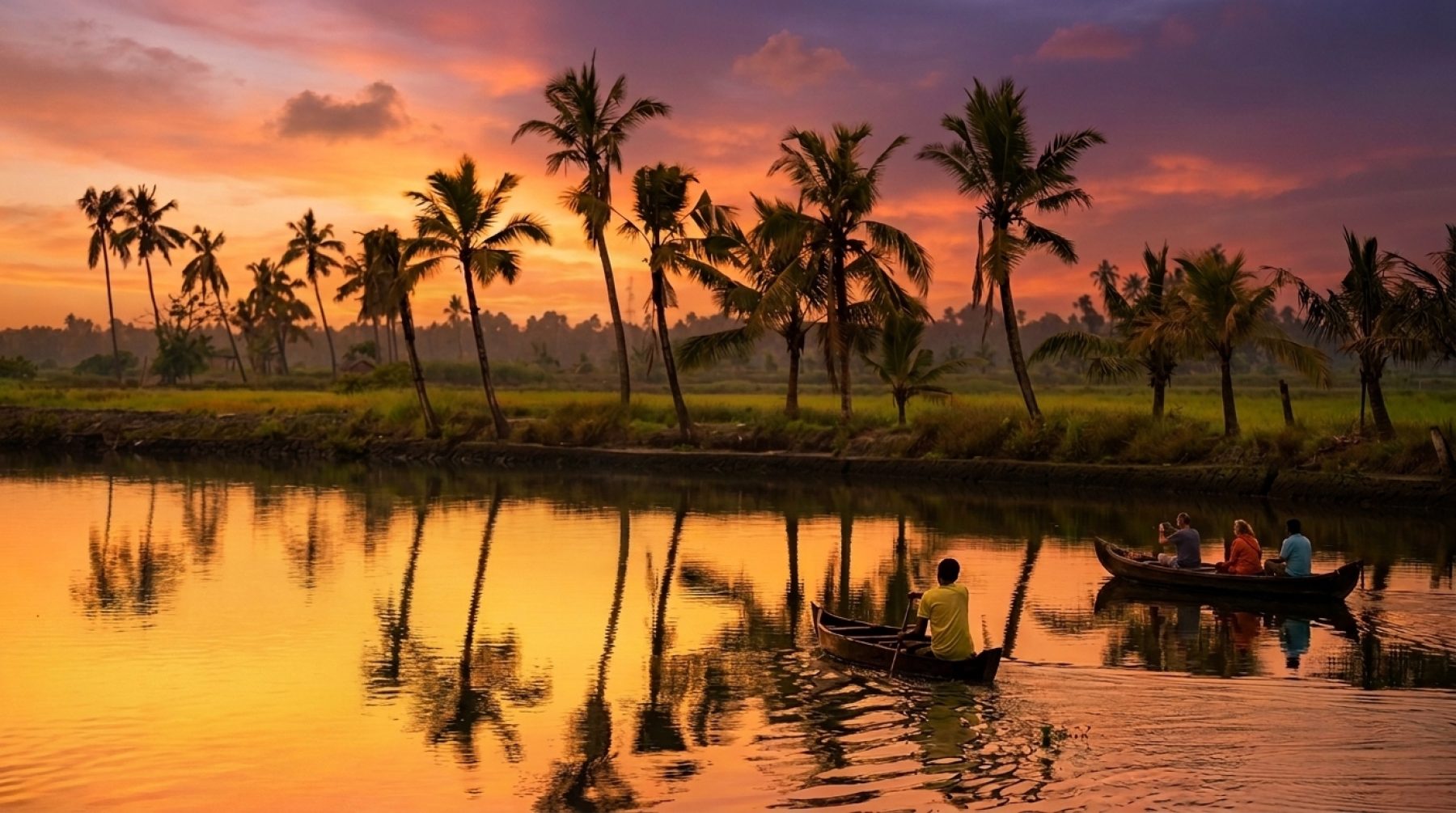Country boats on the golden backwaters of Kadamakkudy at sunset, framed by coconut palms near Kochi, Kerala