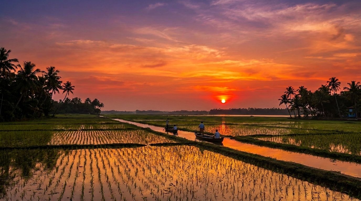 Sunset over the flooded paddy fields and canals of Kadamakkudy islands near Kochi, Kerala, with boats gliding through