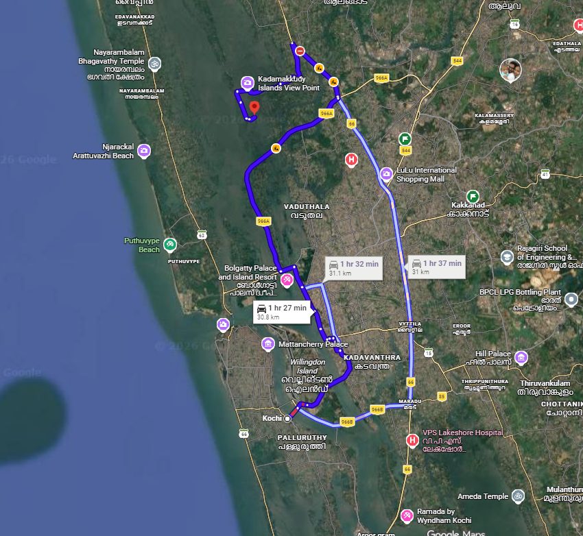 How to Reach from Kochi to kadamakkudy and travel time