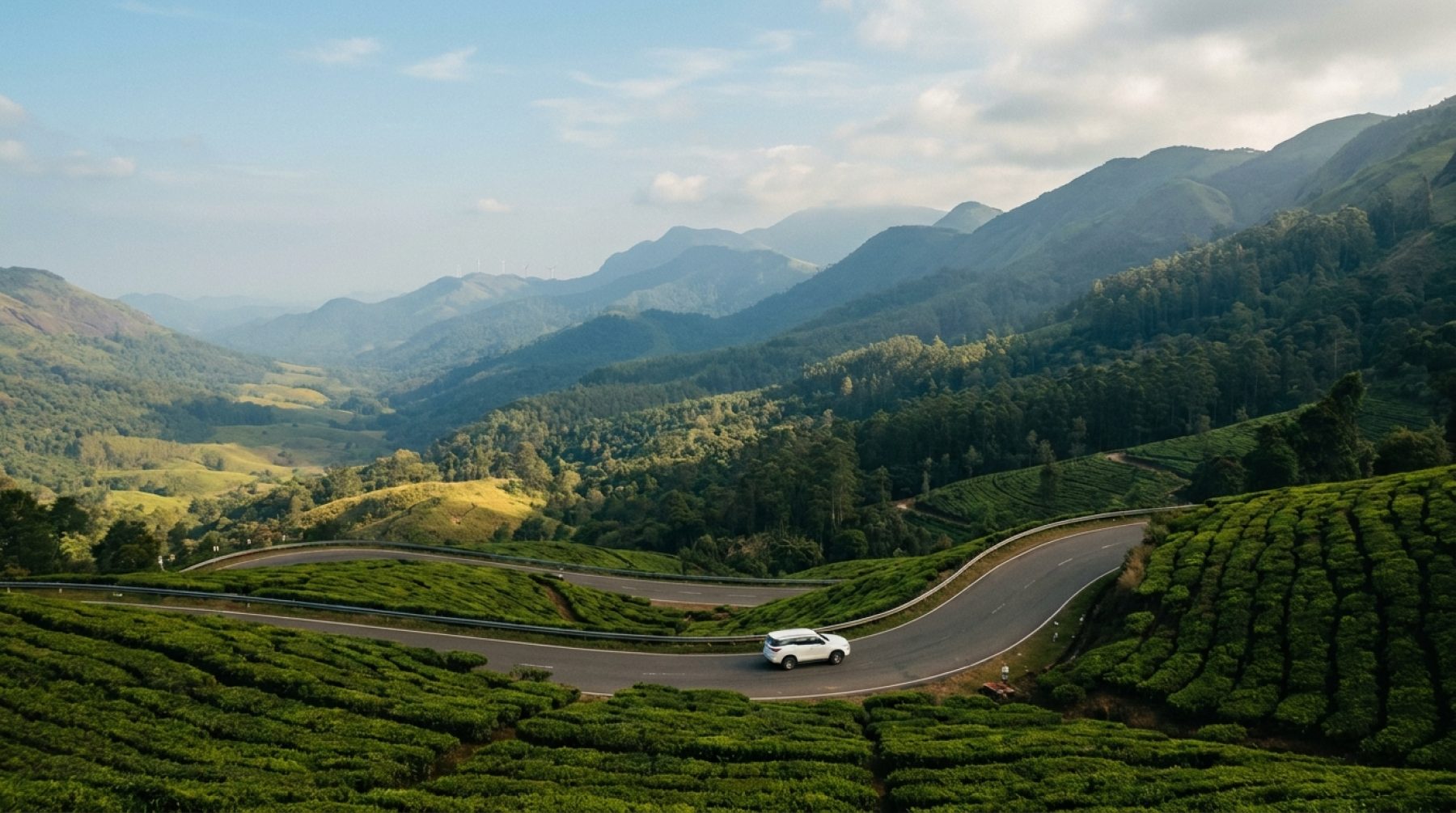 Winding ghat road through tea and cardamom country on the Munnar to Vagamon route in Idukki, Kerala