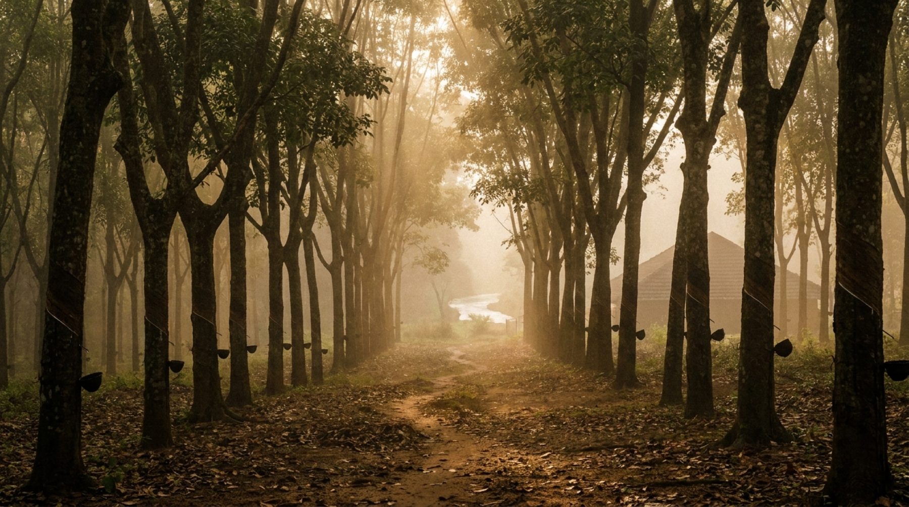 Morning mist through an old rubber plantation in the hills of Yendayar, Kerala — the heart of India's first commercial rubber country