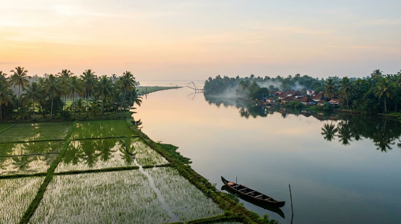 A country boat on the still backwaters of Kadamakkudy at dawn, beside flooded pokkali paddy fields and coconut palms near Kochi, Kerala