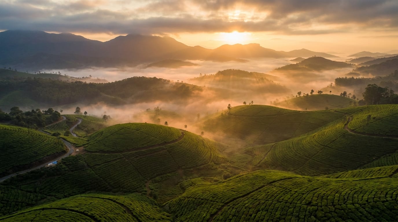 Endless rolling tea plantations wrapped in mist at Munnar, Kerala