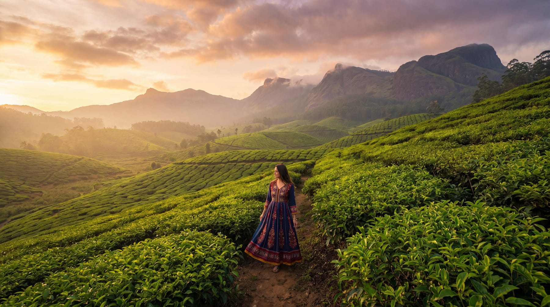Endless rolling tea plantations wrapped in mist at Munnar, Kerala
