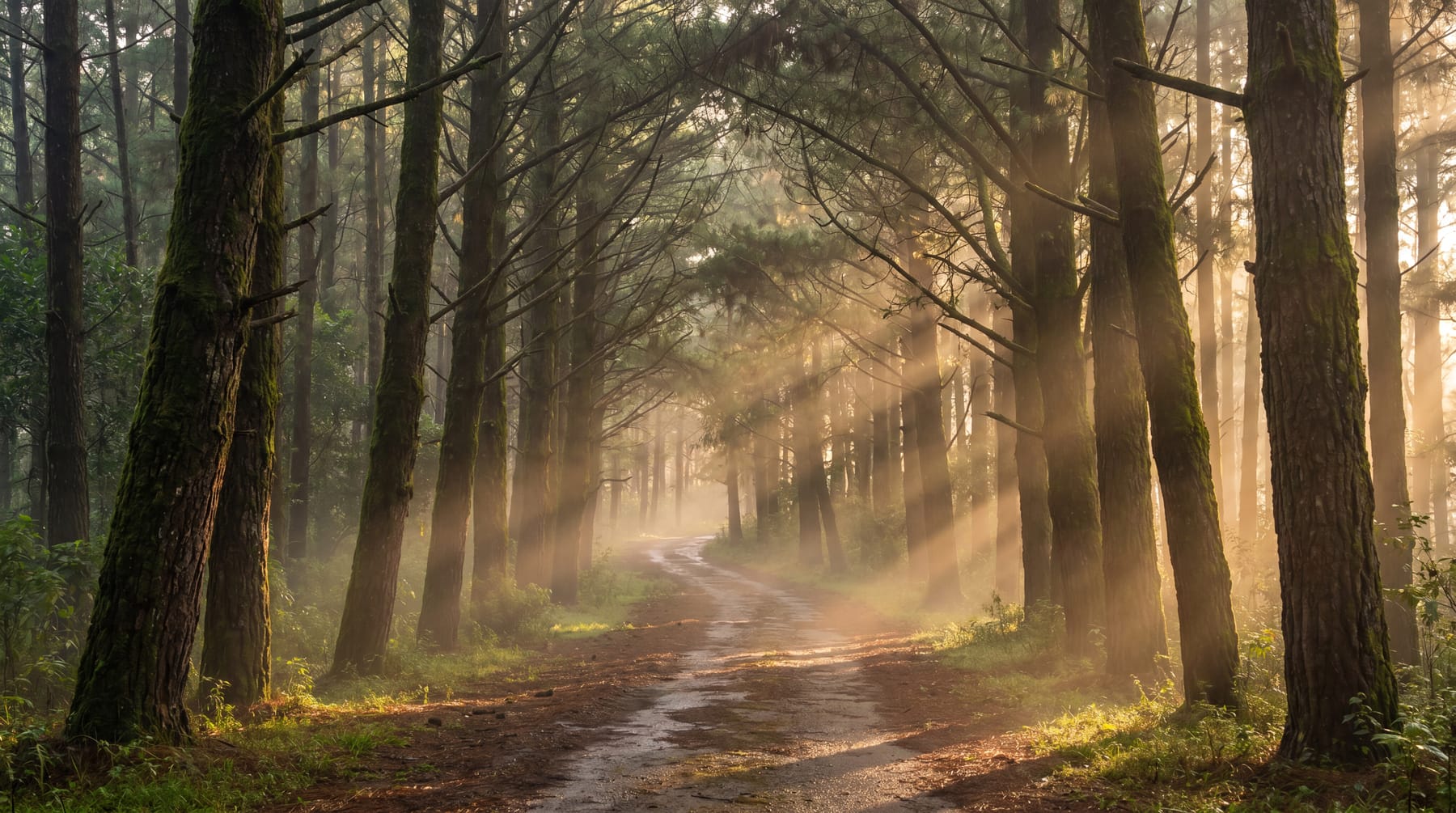 Sun rays piercing the misty pine forest along a quiet trail at Vagamon, Kerala