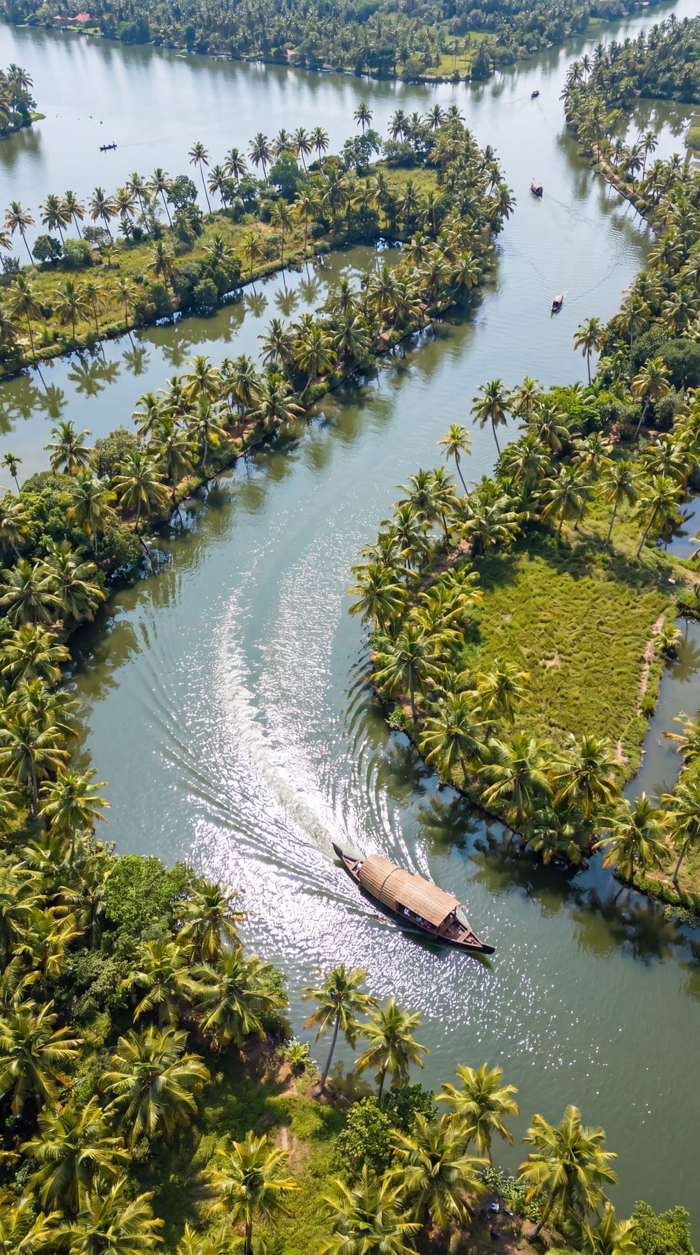 Palm-fringed backwater canals and a country boat at Kumarakom, Kerala